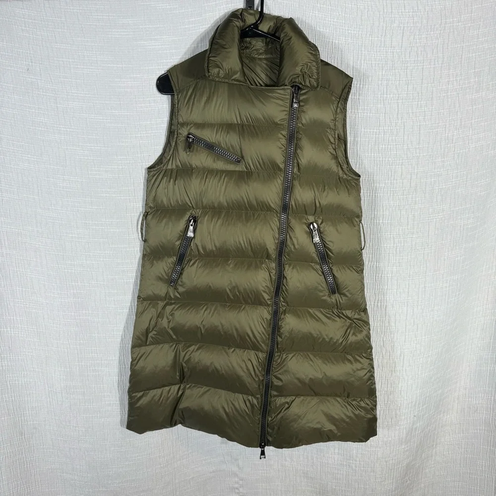 Olive Green Down-Filled Long Puffer Vest Size 2 |‎ Asymmetrical Zip Quilted Vest - Picture 2 of 15